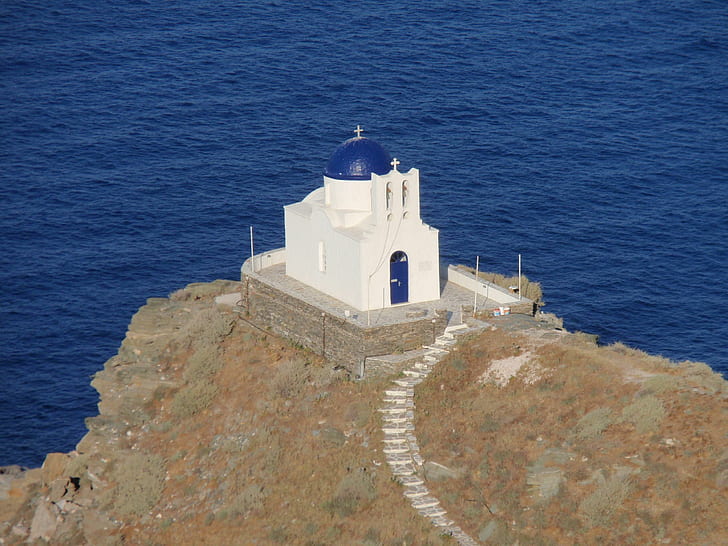 Weiße u. Blaue, weiße und blaue konkrete Kirche, Griechenland, Sommer, sifnos, 3d und Zusammenfassung, HD-Hintergrundbild