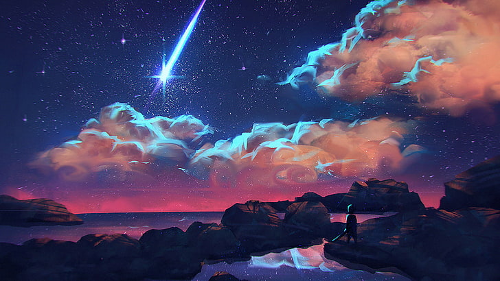 الفن الرقمي لنجوم الرماية ، رسم نجمة الرماية ، الفن الرقمي ، الغيوم ، نجوم التصوير ، الليل، خلفية HD