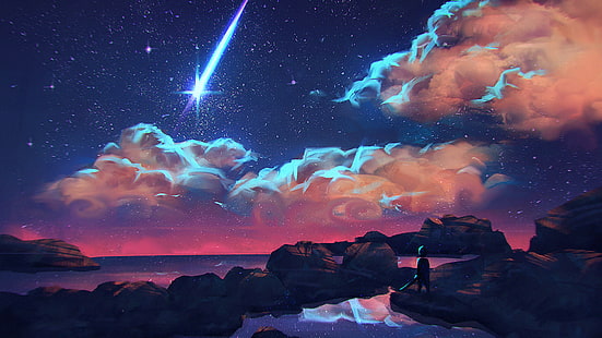 падающая звезда цифровое искусство, падающая звезда живопись, цифровое искусство, облака, падающие звезды, ночь, HD обои HD wallpaper