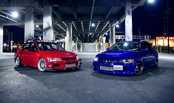 dois carros vermelhos e azuis, azul, vermelho, tuning, Mitsubishi, Evo, evolução, HD papel de parede