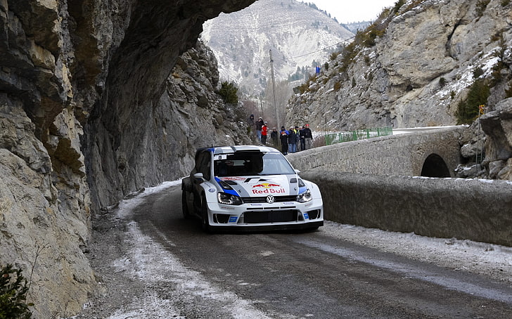 white and blue vehicle, Mountains, Rocks, Sport, Volkswagen, Machine, Red Bull, WRC, Rally, The front, Polo, HD wallpaper