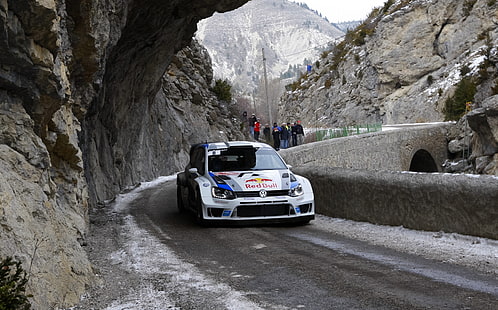 white and blue vehicle, Mountains, Rocks, Sport, Volkswagen, Machine, Red Bull, WRC, Rally, The front, Polo, HD wallpaper HD wallpaper