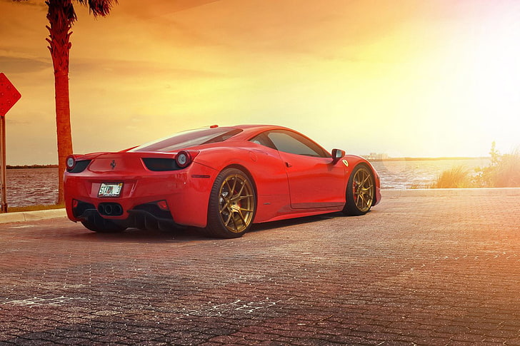 Ferrari, Red, 458, Sun, Sunset, Italia, Sea, Supercar, Rear, HD wallpaper