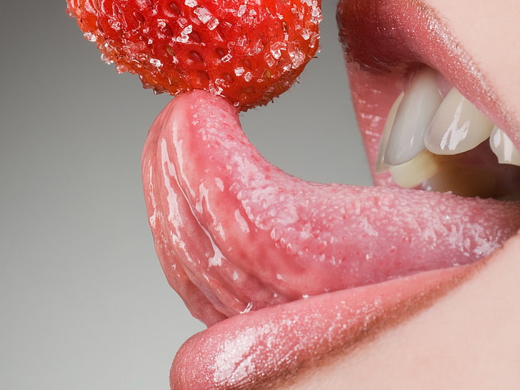 person's tongue, mouth, tongue, teeth, strawberry, HD wallpaper