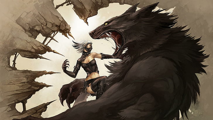 Werewolf, werewolf, creatures, fighting, fantasy, women, vampires, wolf, artwork, 3d and abstract, HD wallpaper
