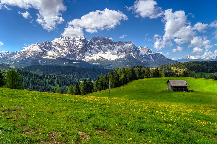landscape photography of house surrounded with green grass with snowy mountain during daytime, italy, latemar, italy, latemar, Italy, Latemar, landscape photography, house, green grass, snowy mountain, daytime, Catinaccio, Dolomites, Garden, Grassy, Hiking, Hills, Nature, Rugged, South, Trentino, Tyrol, massif, wildflowers, HDR, mountain, european Alps, summer, landscape, outdoors, scenics, meadow, green Color, sky, grass, HD wallpaper
