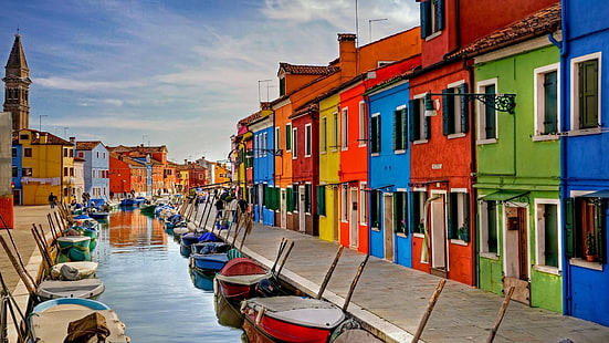 краски, дома, лодки, Италия, Венеция, канал, остров Бурано, HD обои HD wallpaper
