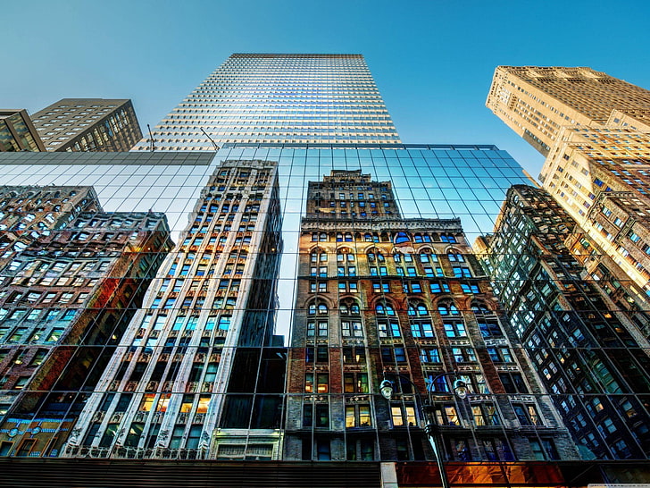 стъклен прозорец висока сграда, град, отражение, небостъргач, HD тапет