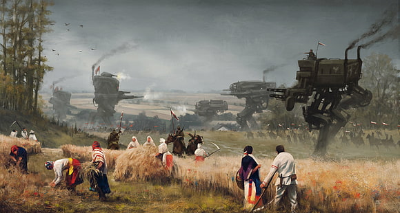 ilustración, paisaje, robot, ciencia ficción, guerra, soldado, Jakub Różalski, guadaña, Fondo de pantalla HD HD wallpaper