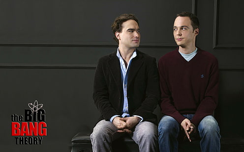 Seria The Big Bang Theory, bordowy sweter męski z dekoltem w szpic, serial, aktorzy serialu komediowego, Leonard, Sheldon, Tapety HD HD wallpaper