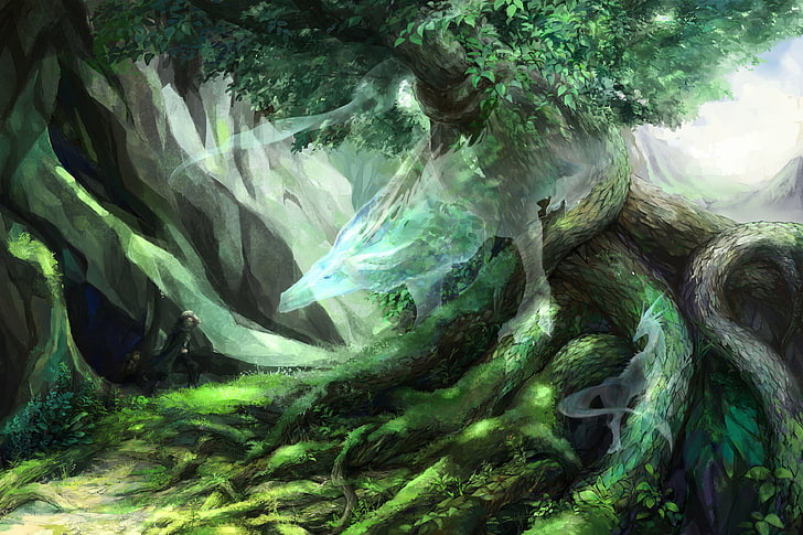 ilustrasi pohon berdaun hijau, alam, pohon, naga, roh, Wallpaper HD