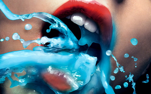 уста, близък план, устни, зъби, червено, синьо, отворена уста, течност, червено червило, жени, модел, HD тапет HD wallpaper