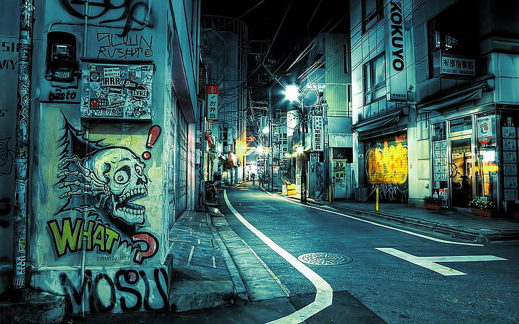 graue Asphaltstraße, Straße, Graffiti, Nacht, städtisch, HD-Hintergrundbild