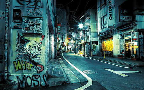 сив асфалтов път, улица, графити, нощ, градско, HD тапет HD wallpaper
