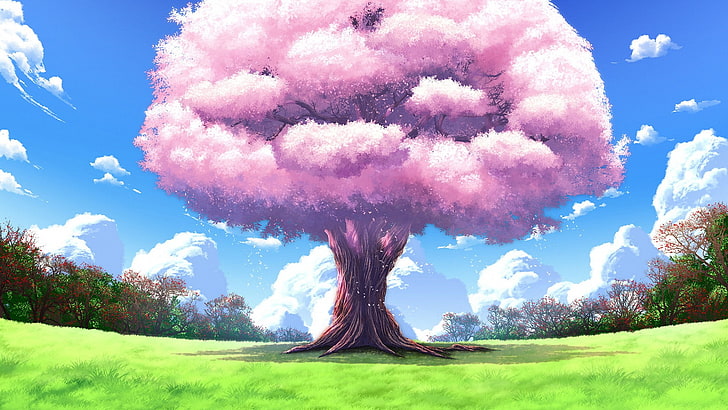 pink tree painting, nature, trees, clouds, HD wallpaper