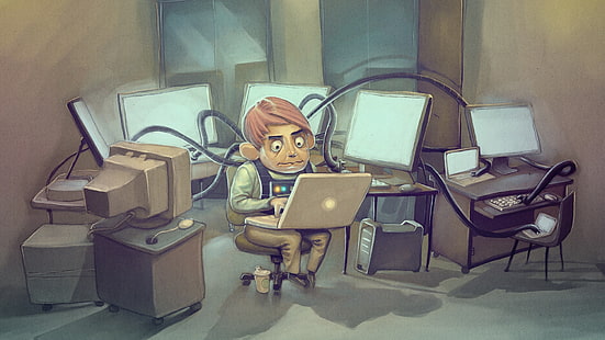 Mann mit Laptop-Computer Illustration, Programmierer, Codierer, Admin, Administrator, HD-Hintergrundbild HD wallpaper