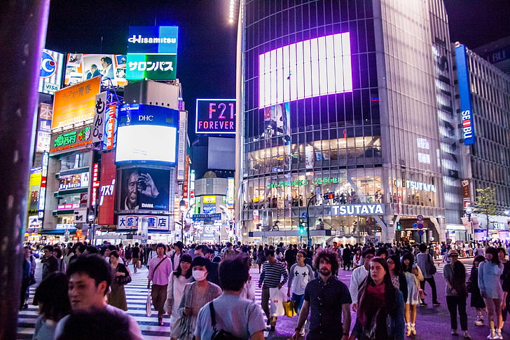 billboards, city, crowd, light ray, lights, people, shibuya, shibuya crossing, technology, tokyo, urban, walking, HD wallpaper