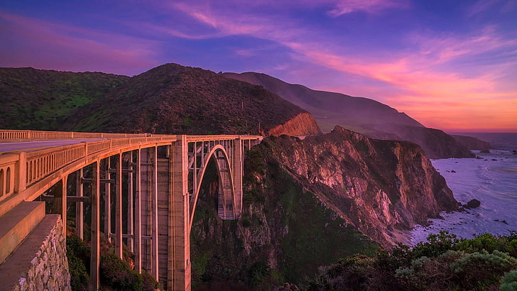 nature, sky, bridge, dawn, bixby creek arch bridge, morning, bixby creek bridge, bixby bridge, evening, dusk, california, big sur, pacific coast highway, pacific ocean, arch bridge, HD wallpaper