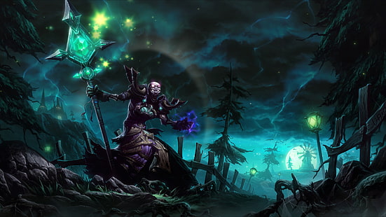 ตัวละครยืนอยู่ใกล้วอลล์เปเปอร์ต้นไม้ศิลปะแฟนตาซีศิลปะดิจิตอลนักบวชเงา World of Warcraft, วอลล์เปเปอร์ HD HD wallpaper