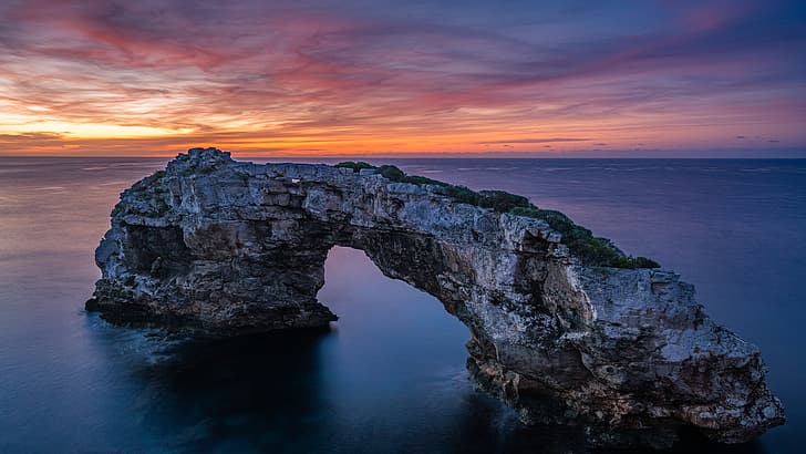 nature, landscape, sunset, sky, clouds, arch, sea, Balearic Islands, Mallorca, Spain, HD wallpaper