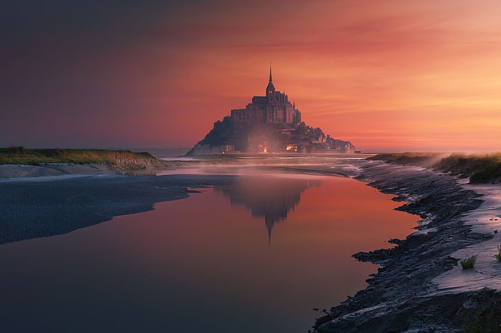 natur, fotografi, landskap, solnedgång, Mont Saint-Michel, Frankrike, reflektion, kloster, ö, HD tapet
