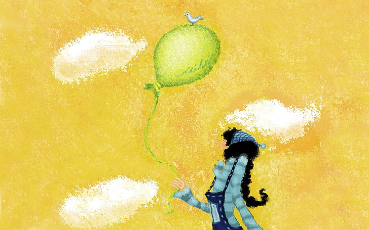 зелен балон илюстрация, балон, момиче, разходка, HD тапет