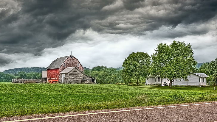 Wisconsin Farm Hdr, granja, carretera, nubes, naturaleza y paisajes, Fondo de pantalla HD