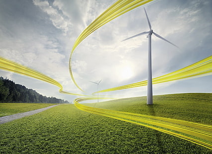 turbina eólica branca, amarela, fita, o vento, moinho de vento, HD papel de parede HD wallpaper