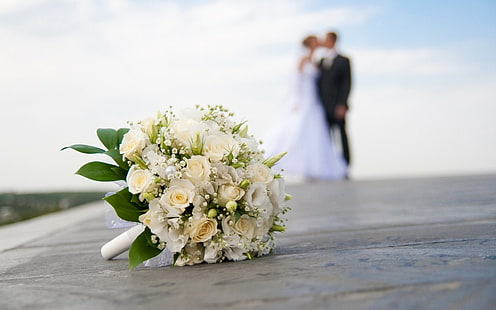 flou, bouquet, mariée, mariée, gros plan, marié, mariage, Fond d'écran HD HD wallpaper