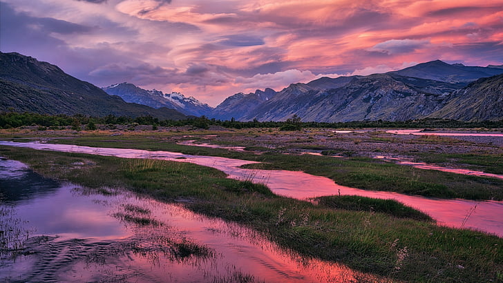 el chalten, nature, sky, lake, highland, wetland, argentina, dawn, landsccape, morning, mountain, pink clouds, cloudy sky, cloudy, reflected, HD wallpaper