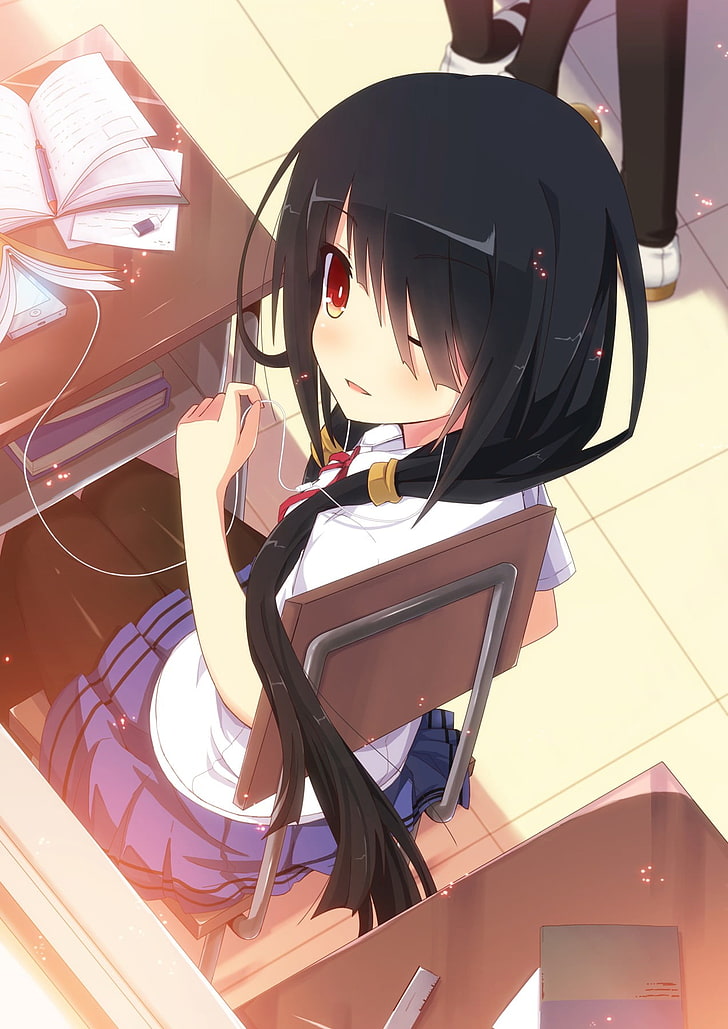 черноволосая девушка аниме персонаж, Дата A Live, Токисаки Куруми, школьная форма, HD обои, телефон обои