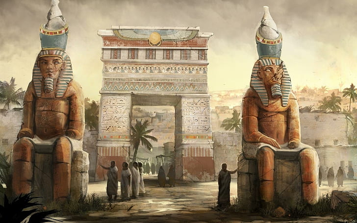 Egipt w jego złotym wieku, 2 posągi bóstwa hinduskiego, fantasy, 1920x1200, posąg, miasto, egipt, Tapety HD