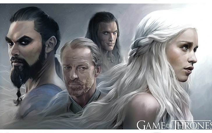 Game of thrones, Emilia clarke, Daenerys targaryen, Khal drogo, Jason momoa, Jorah mormont, Hbo, HD wallpaper
