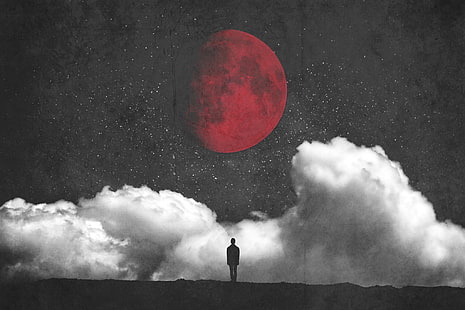 ilustracja zaćmienia księżyca, sztuka fantasy, czerwony księżyc, księżyc, chmury, minimalizm, sylwetka, Tapety HD HD wallpaper