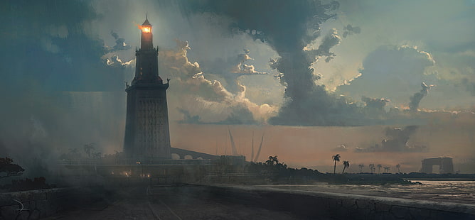 Александрийско (Египет) пейзажно произведение Assassins Creed видеоигри Assassins Creed: Origins Ubisoft Египетски фар, HD тапет HD wallpaper