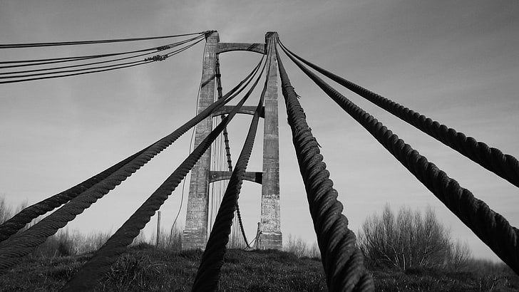 grayscale photo of rope, bridge, rope, structure, black white, HD wallpaper
