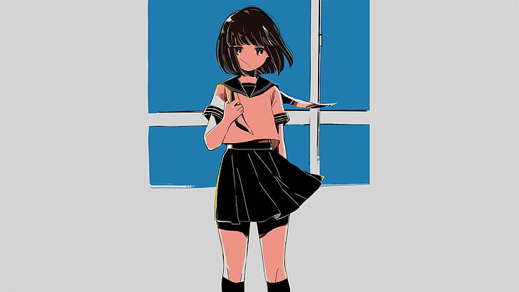 anime, anime girls, manga, window, gray background, simple background, sailor uniform, gray, HD wallpaper