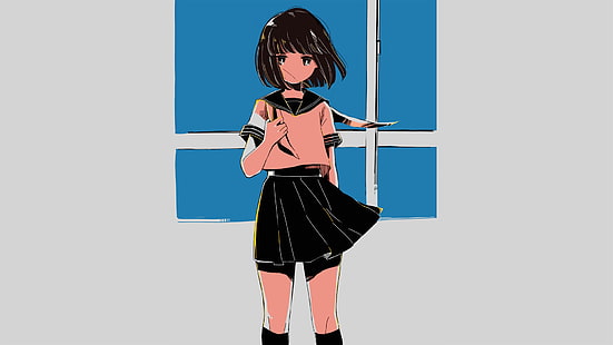 anime, meninas anime, manga, janela, fundo cinza, fundo simples, uniforme de marinheiro, cinza, HD papel de parede HD wallpaper