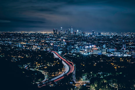 градски сгради, Лос Анджелис, САЩ, небостъргачи, нощ, изглед отгоре, HD тапет HD wallpaper