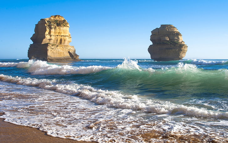 two brown rock formations, sea, beach, waves, rocks, HD wallpaper