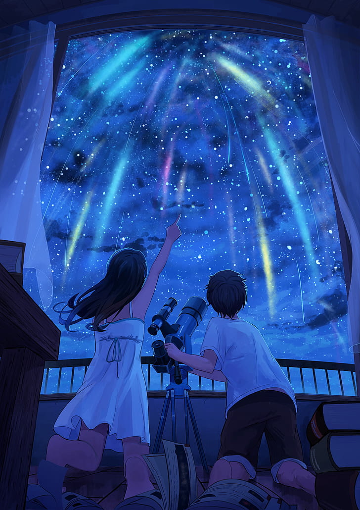 anime, stars, night, telescope, finger pointing, books, lights, window, curtains, shooting stars, point of view, balcony, sky, HD wallpaper