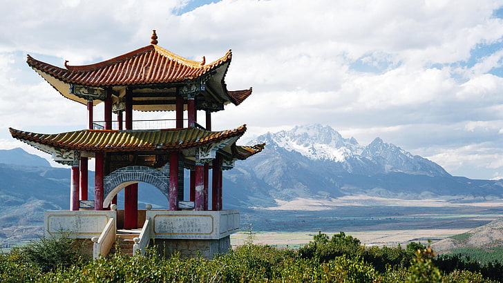 желтая и бордовая пагода, Китай, пагода, снежные горы, HD обои
