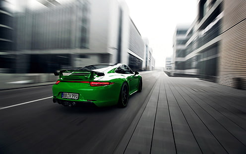 Porsche 911, flou de mouvement, Porsche, voiture, route, Porsche 911 Carrera 4S, voitures vertes, Fond d'écran HD HD wallpaper