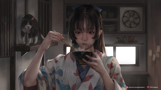 аниме момичета, оригинални герои, брюнетка, азиатски, ядене, аниме момичета ядат, на закрито, котки, дълбочина на полето, кимоно, произведения на изкуството, дигитално изкуство, рисуване, Taejune Kim, аниме, рамен, Япония, HD тапет HD wallpaper