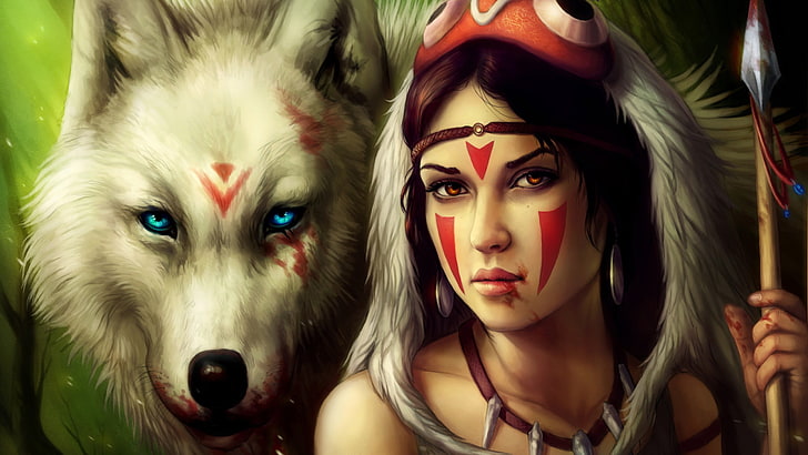 lobo blanco, arte digital, ilustraciones, princesa Mononoke, San, Fondo de pantalla HD