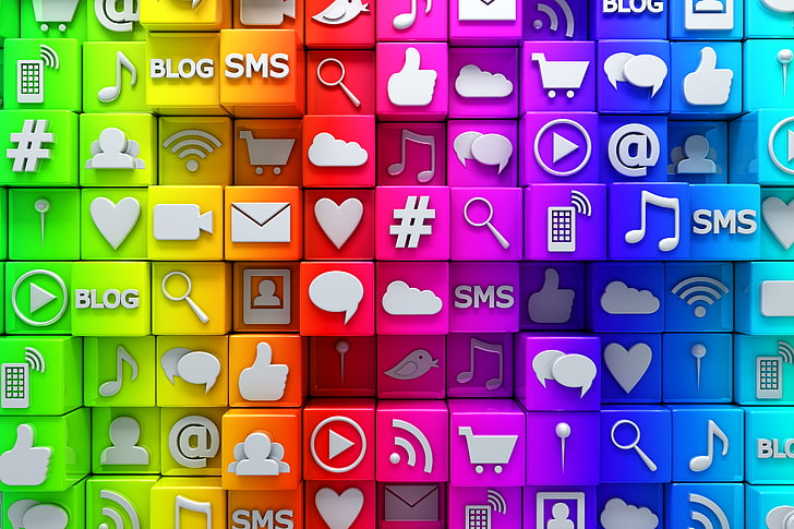 ilustrasi ikon beraneka warna, kubus, jaringan, warna-warni, Internet, ikon, jejaring sosial, media, sosial, Wallpaper HD