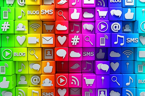 mehrfarbige Abbildung, Würfel, Netzwerk, bunt, Internet, Symbole, soziales Netzwerk, Medien, soziale, HD-Hintergrundbild HD wallpaper