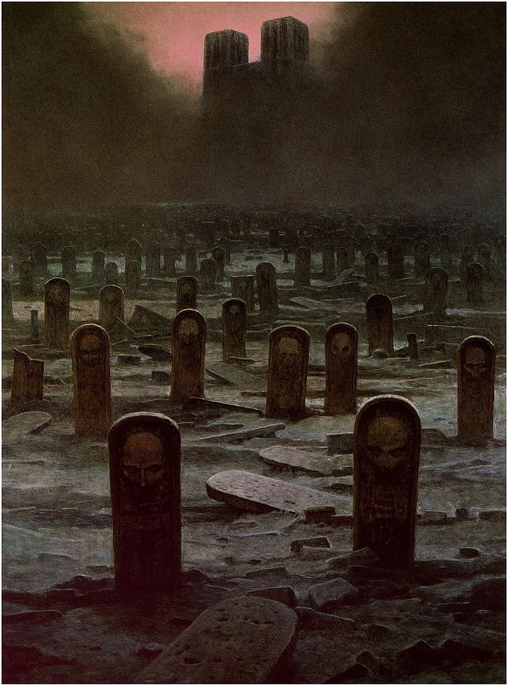 decoración de mesa de madera negra y roja, Zdzisław Beksiński, pintura, oscuro, cementerios, obras de arte, fantasía oscura, lápidas, Fondo de pantalla HD, fondo de pantalla de teléfono