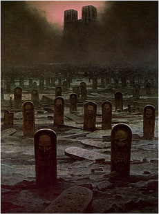 decoración de mesa de madera negra y roja, Zdzisław Beksiński, pintura, oscuro, cementerios, obras de arte, fantasía oscura, lápidas, Fondo de pantalla HD HD wallpaper