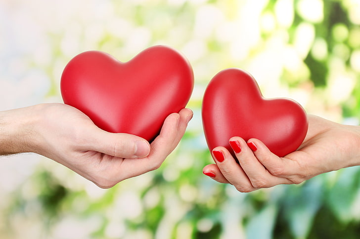 two red heart ornaments, love, romance, heart, hands, hearts, Valentine's Day, HD wallpaper